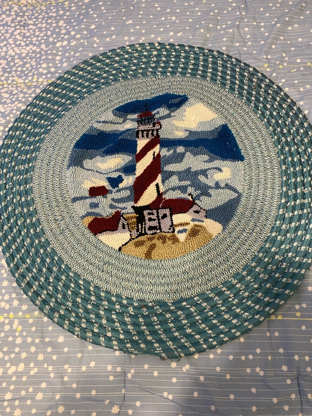 Handmade Lighthouse Round Braided Rug - Teal, Blue, Red, minimal wear